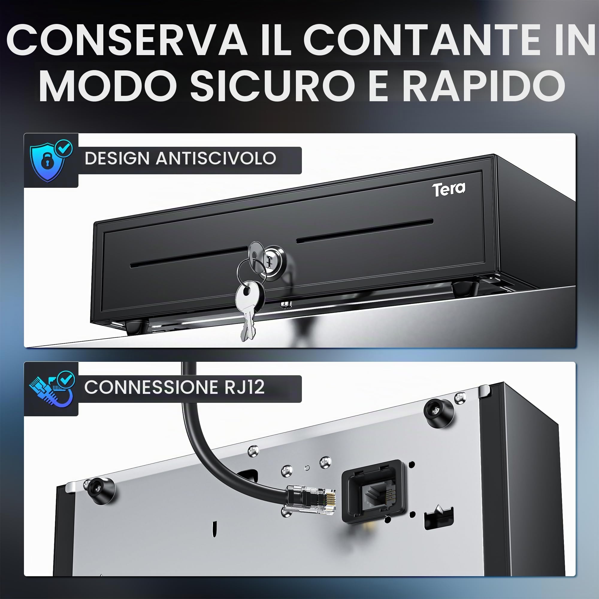 Tera Cassetta portavalori chiudibile a chiave, scomparto monete: 4 scomparti per banconote, 8 scomparti per monete, 41 x 41,6 x 11,3 cm, con inserto RJ12, chiavi per registratore di cassa
