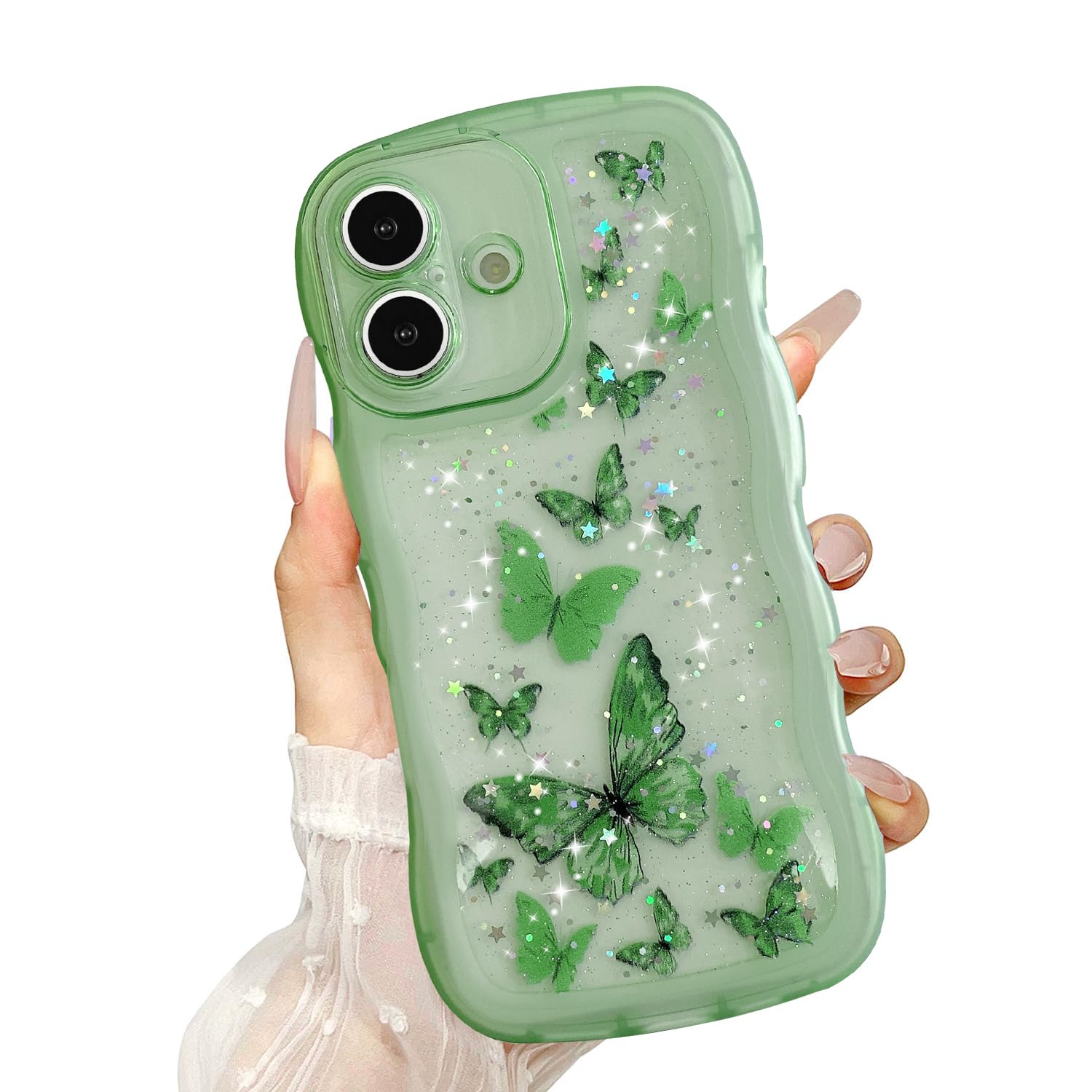 UEEBAI Wave Butterfly Case for iPhone 16 Case, Pretty Bling Star Butterfly for Women Cute Shiny Glitter Phone Cover for Girls Bling Clear Cover Curly