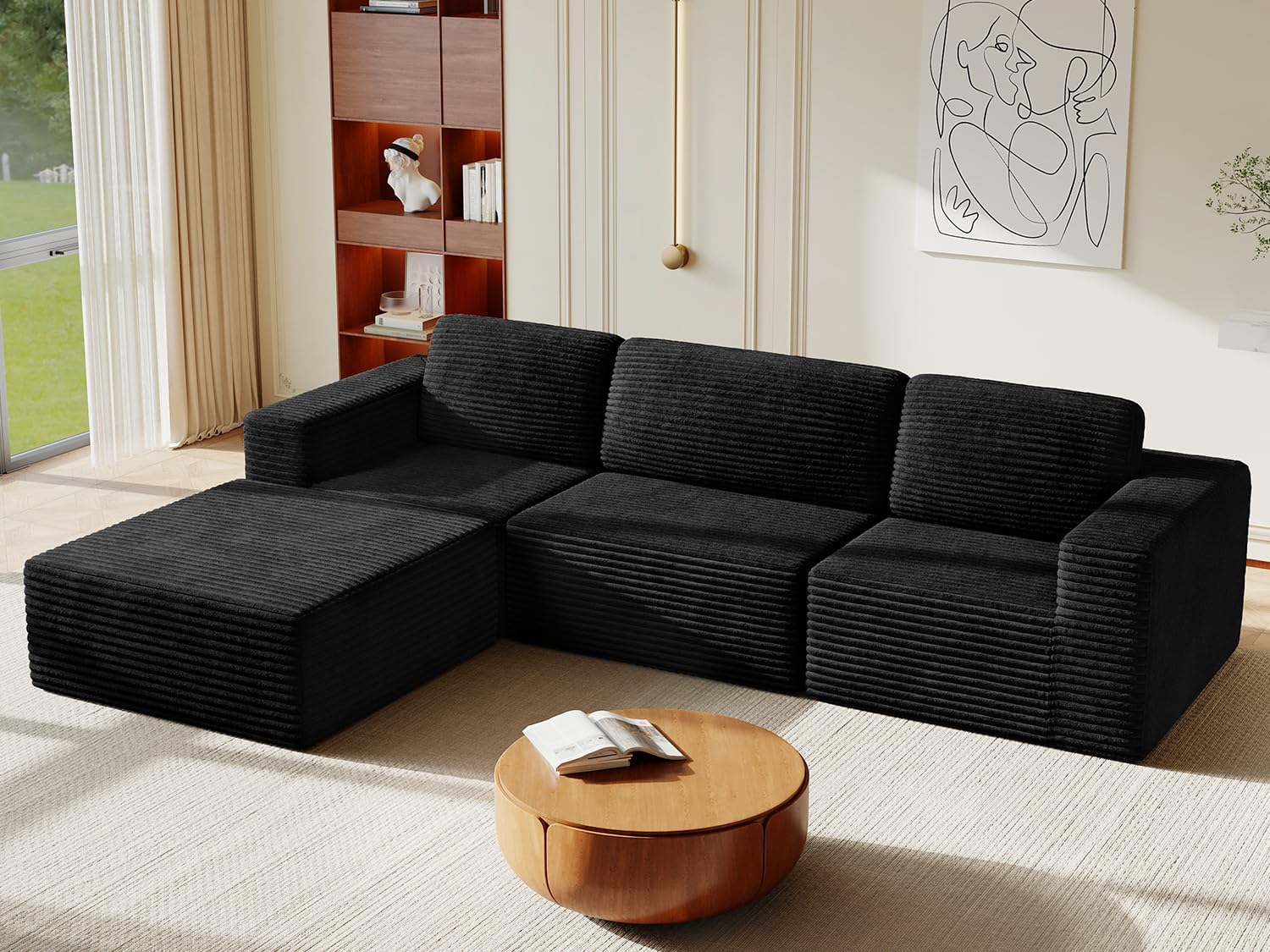 119" Modular Sofa with Ottoman, L-Shaped Corduroy Couch, Black | Deep Seat, Flexible Layout, Cloud Comfort, Boneless Couch, 35D High-Density Foam, Pocket Springs, No Assembly Required