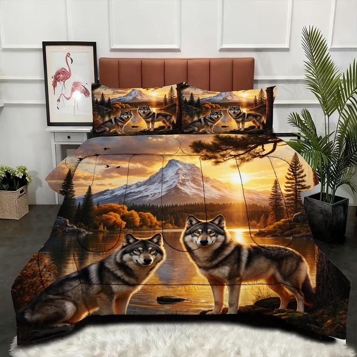 Couette reversible 4 saisons 220x240cm loup motif moderne pour lit double