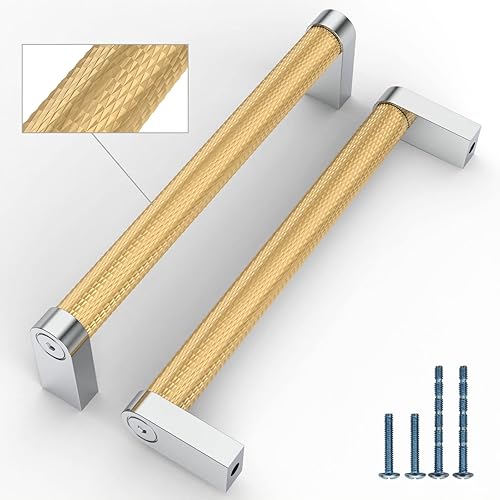 Miniatura 1 de ROMATEE Paquete de 2 tiradores de gabinete de cocina de 5 pulgadas (5.039 in), manijas moleteadas plateadas y oro arena para gabinetes de cocina,