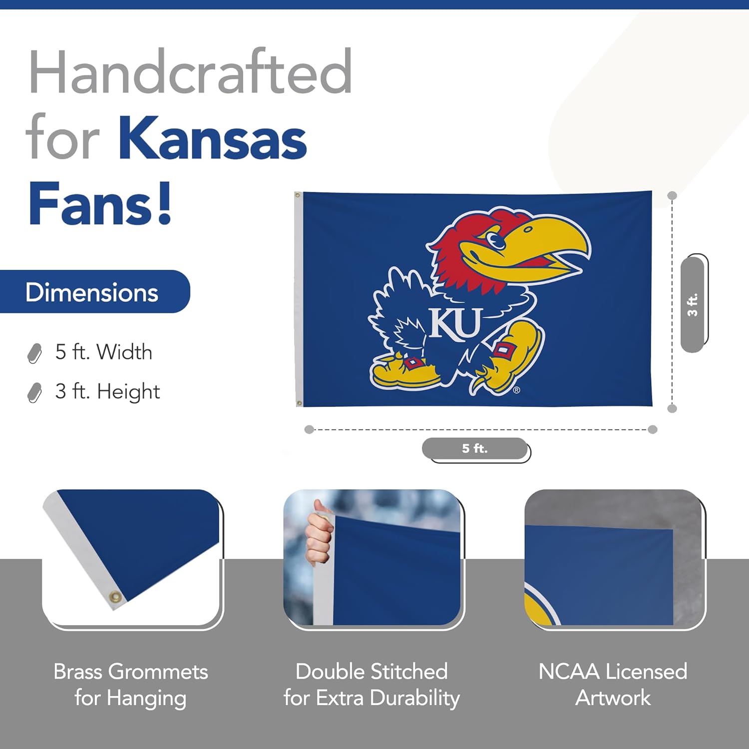 Kansas Jayhawks College Sports Printed Flag - NCAA Licensed - Nylon - School Banner (Blue) (3' x 5') - Image 2