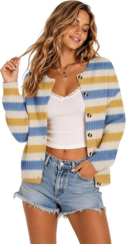 Elneeya Cardigan Sweaters Y2K V003-camel – Cute Fall Outfit Style：The striped pattern and cropped