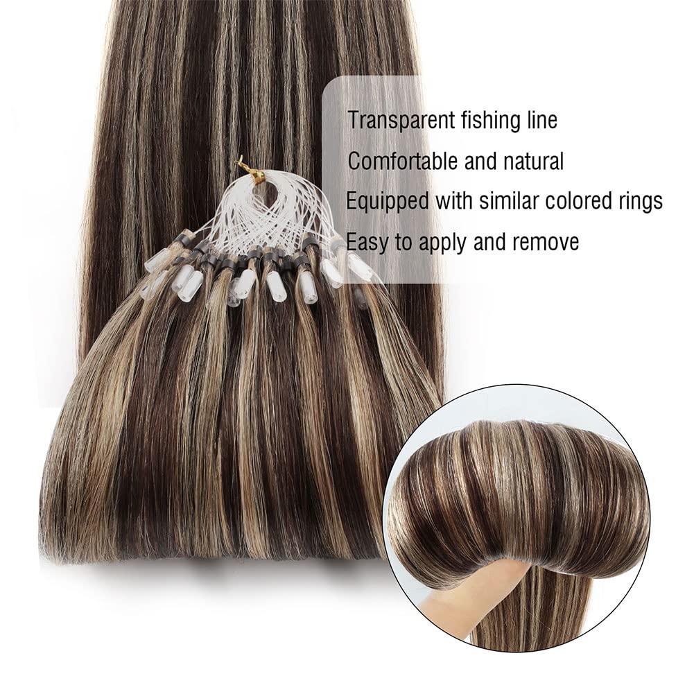 ABH AmazingBeauty Hair Micro Loop Human Hair Extensions 50g 50strands Micro Links Ring Hair Extensions Chocolate Brown with Caramel Blonde Highlights Straight Micro Ring Hair Extensions 14 Inch - Image 2