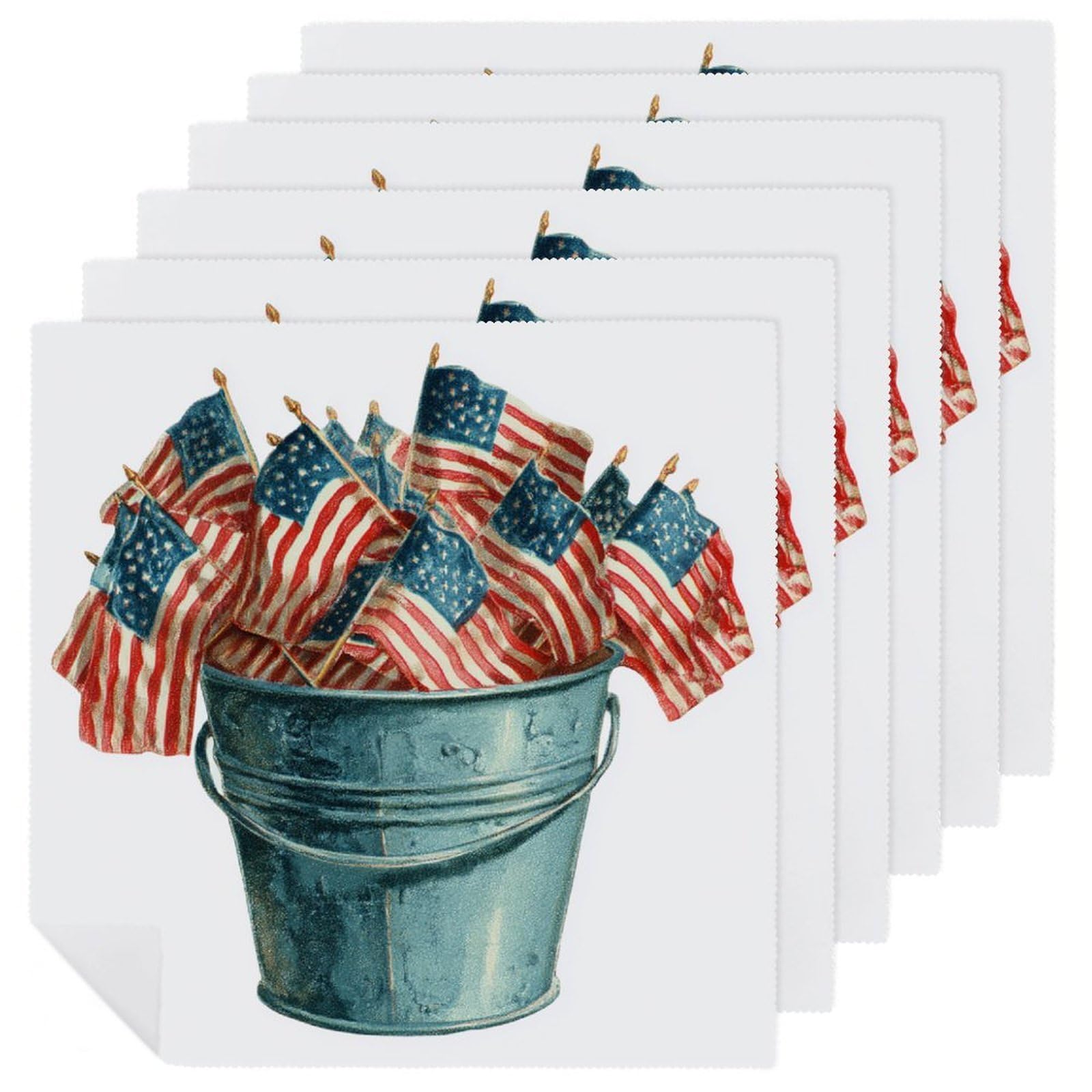 INTAGE METAL BUCKET FULL OF USA FLAGS Cloth Napkins Set of 6, Square Premium Reusable Washable Polyester Table Linen Napkin for Dinner Party