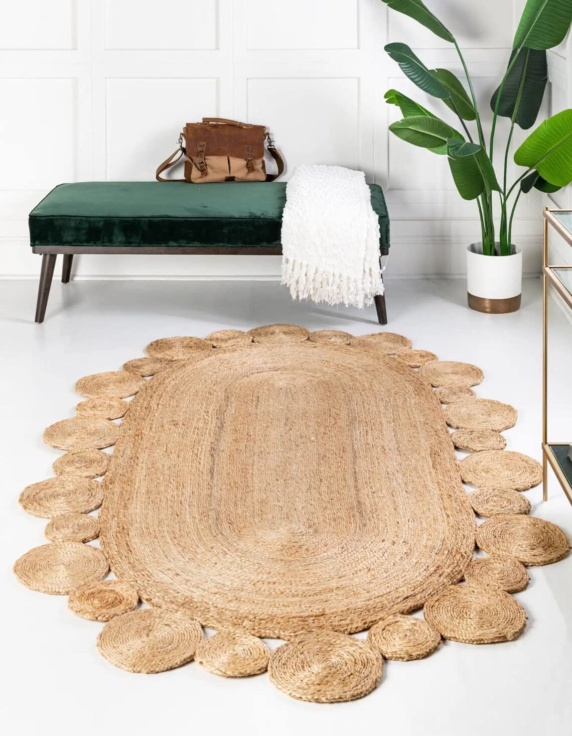 Tappeto in iuta 100% naturale, intrecciato a mano, design cerchio, ovale, per soggiorno, 60 x 120 cm