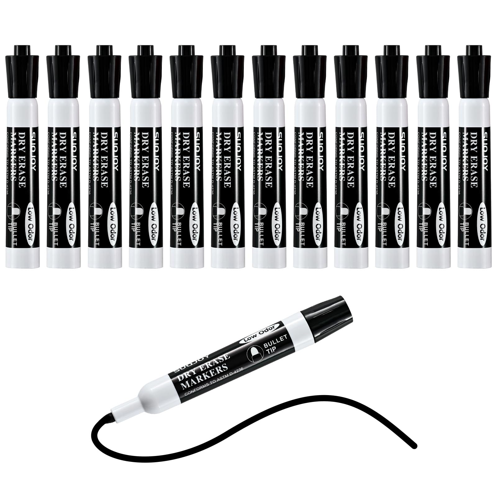 SUQJOY Whiteboard Pens, Dry Wipe Whiteboard Markers, Bullet Tip, Low Odour, Wipe Clean, Roll-Resistant Cap, Black, Pack of 12 โ image 1