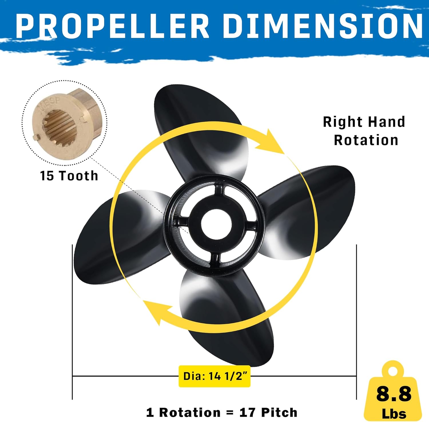 14 1/2 x 17(Hub Kits Included) Upgrade Aluminum Boat Propeller Fit Mercury Outboard Engines 135-300 HP Mercruiser Alpha &Bravo ONE, 4 Blades 15 Spline Tooth,14.5dia x 17pitch Prop RH