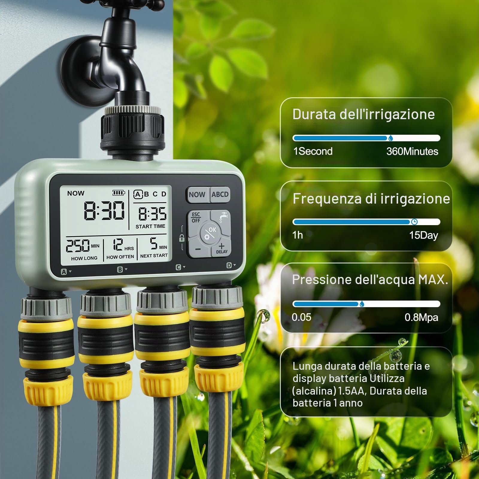 CROSOFMI 4 Vie Timer Irrigazione Automatica Digitale Centralina Irrigazione Temporizzatore Programmatore Irrigazione Giardino /IPX5 Impermeabile/Ritardo Pioggia/Modalità di Irrigazione Manuale