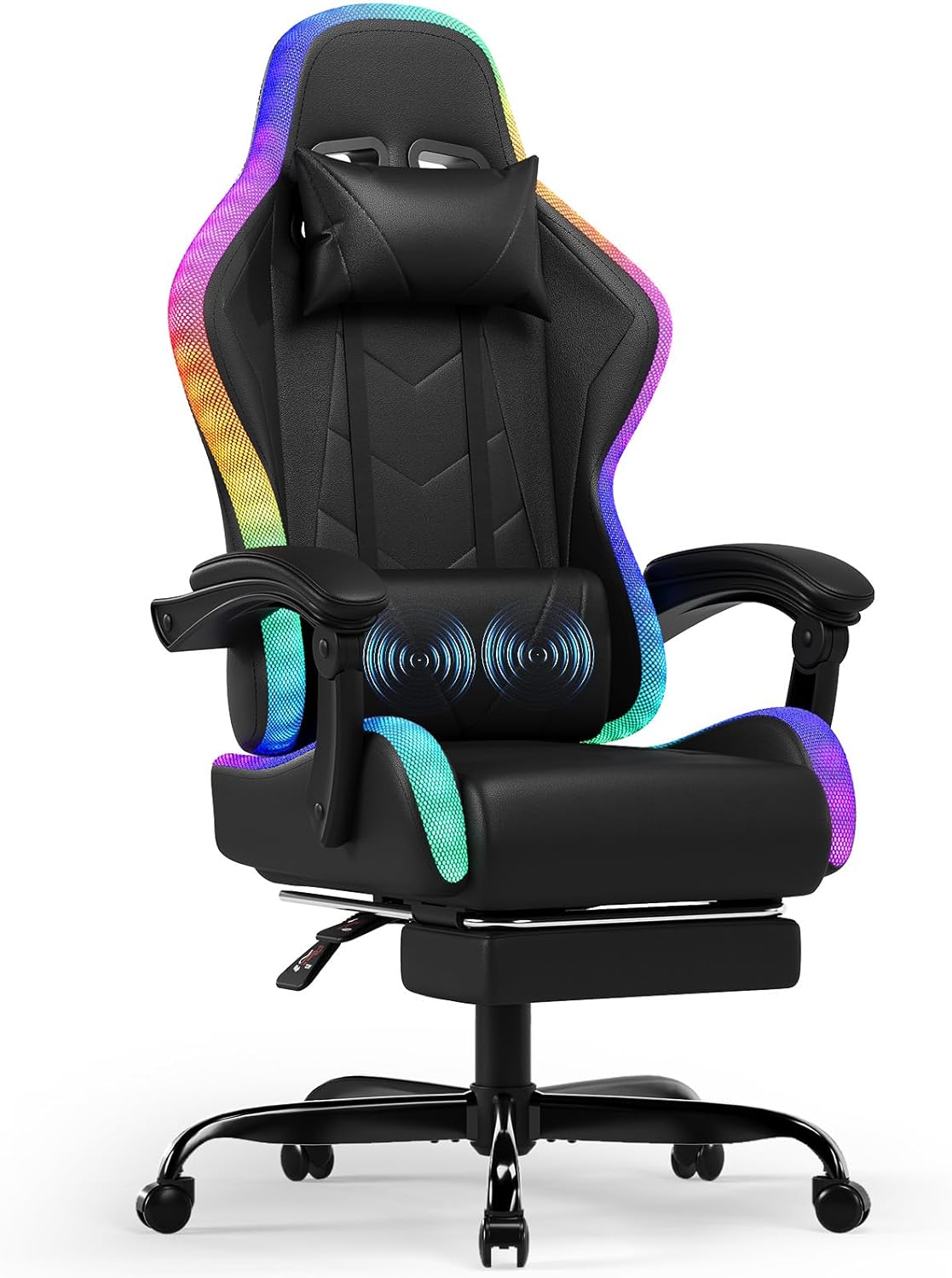 Devoko Gaming Chair with active massage function indicated by blue circles on lumbar pillow
