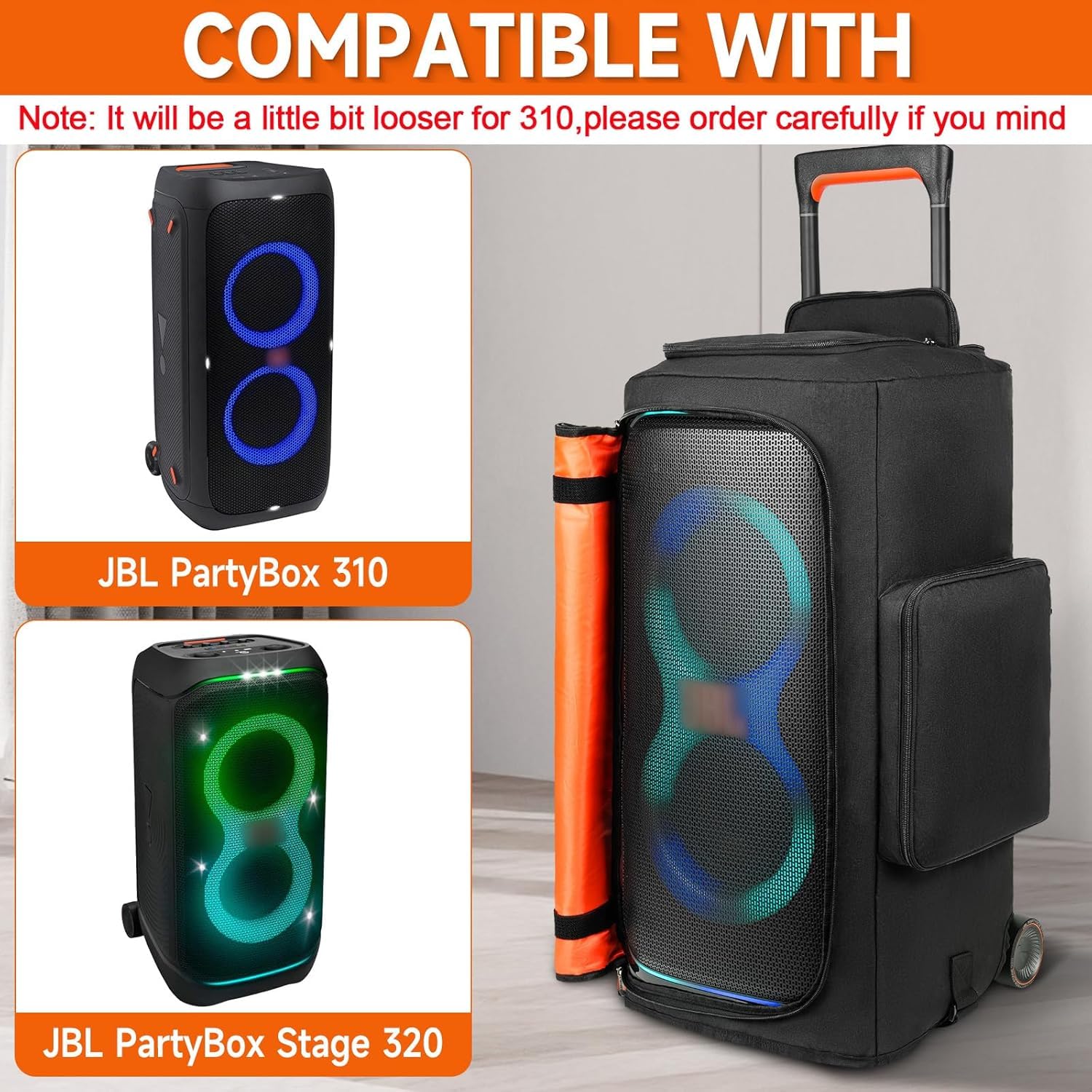 Funda para altavoz compatible con JBL PartyBox 320, bolsa de almacenamiento portátil para altavoz JBL PartyBox 310 para viajes al aire libre, negro y naranja, solo funda