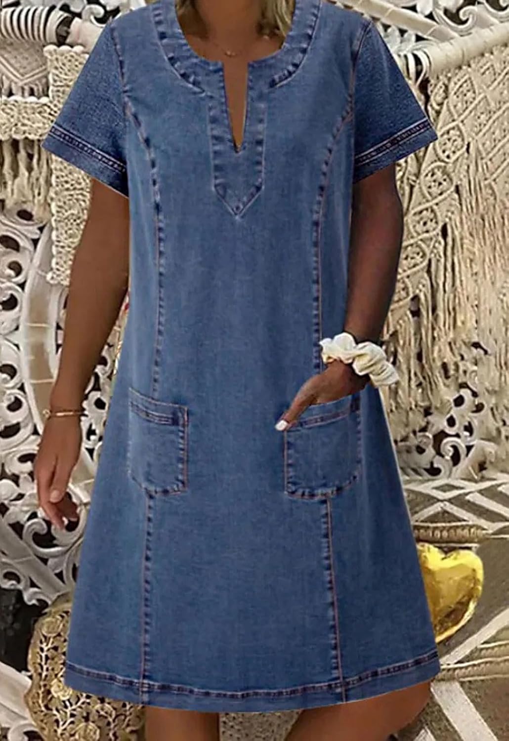 loveimgs Women Casual Short Sleeve Denim Dress V Neck Tunic Mini Jean Shift Dress Jumper Knee Length Boho Sundress Pocket - Image 2