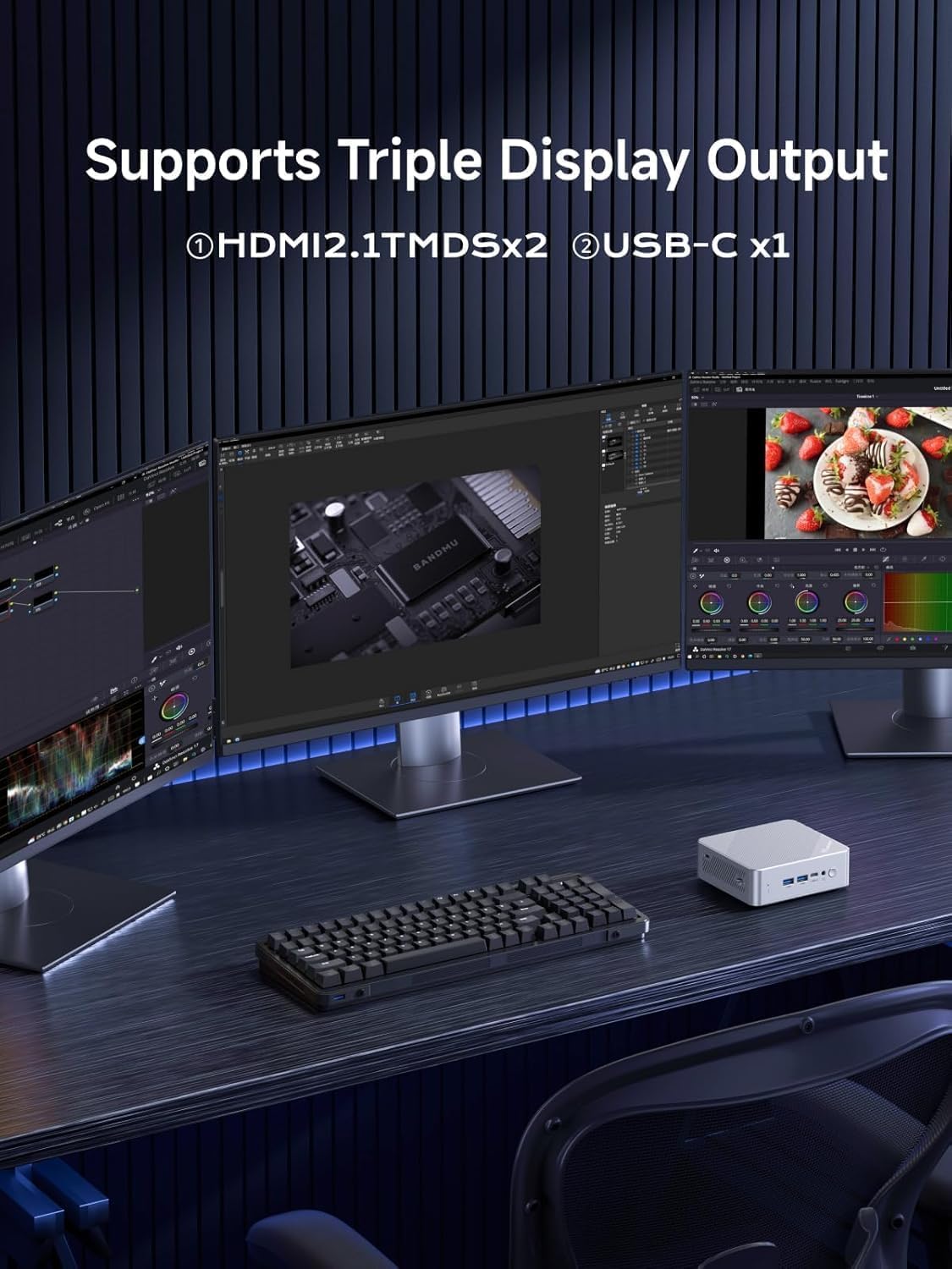 MINISFORUM UN150P Mini PC connected to three monitors for triple display output