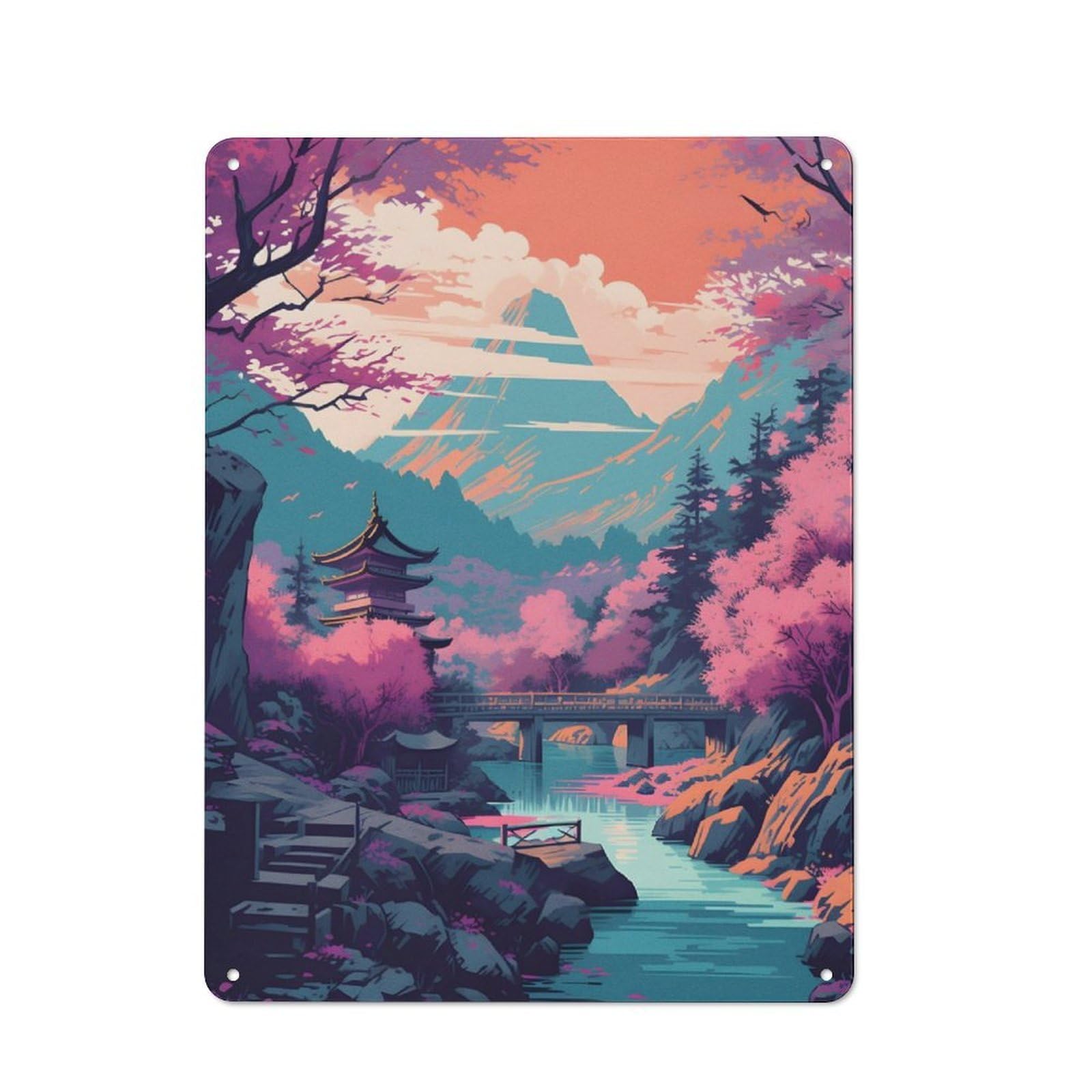 Junmoney Pink Cherry Blossom Lake Metal Plaque 40X30cm With For Workshop Wall, Retro Decor, For Garage, Workshop And Man Cave Decoration