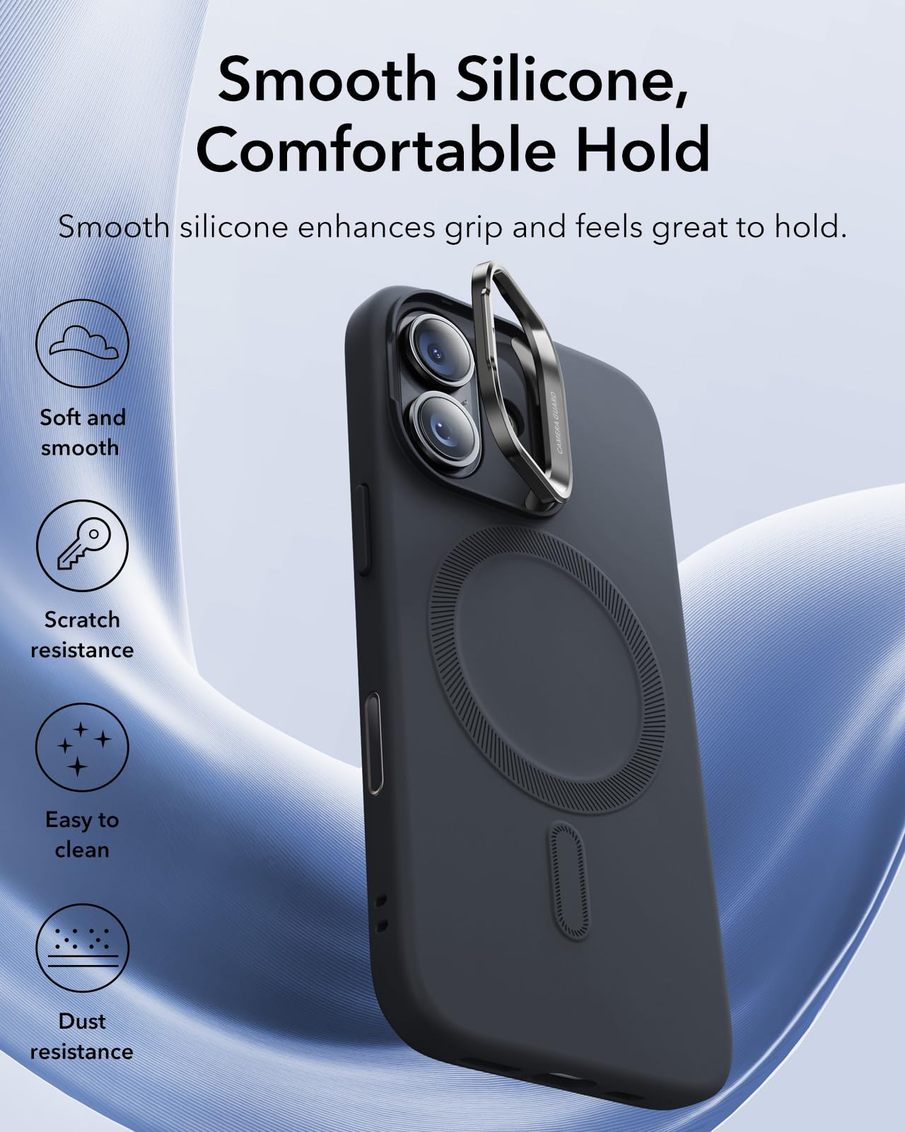 ESR Cover per iPhone 17, Compatibile con MagSafe, Custodia in silicone, Protezione antiurto di livello militare, Supporto Stash, Copertura per il controllo della fotocamera, Nero