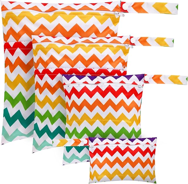 4 Pcs Set Wet Bag, Cloth Nappy Bags with Double Zippers Daycare Organiser Bag Waterproof Storage Bag Washable Wet Dry Cloth Diaper Bags for Travel Gym Bag Vacation Pool BeachColorful Waves