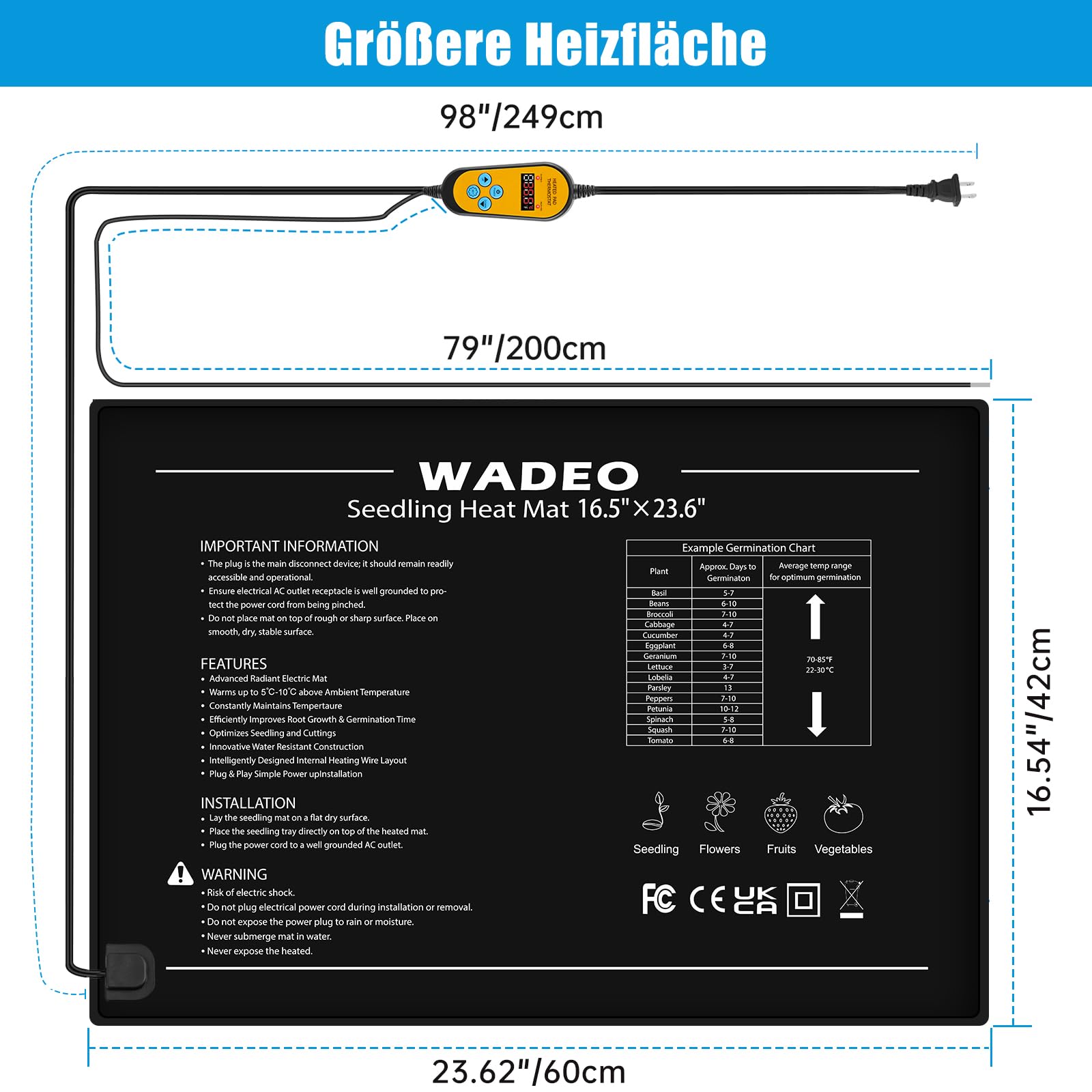 WADEO Heizmatte für Pflanzen 60 x 42 cm, Sämlinge Heizmatte Wärmematte mit Thermostat 5°C bis 45°C, Anzuchtmatte Gewächshaus Wärmematte für Setzlingskeimung, Sämling Germination, Terrarium