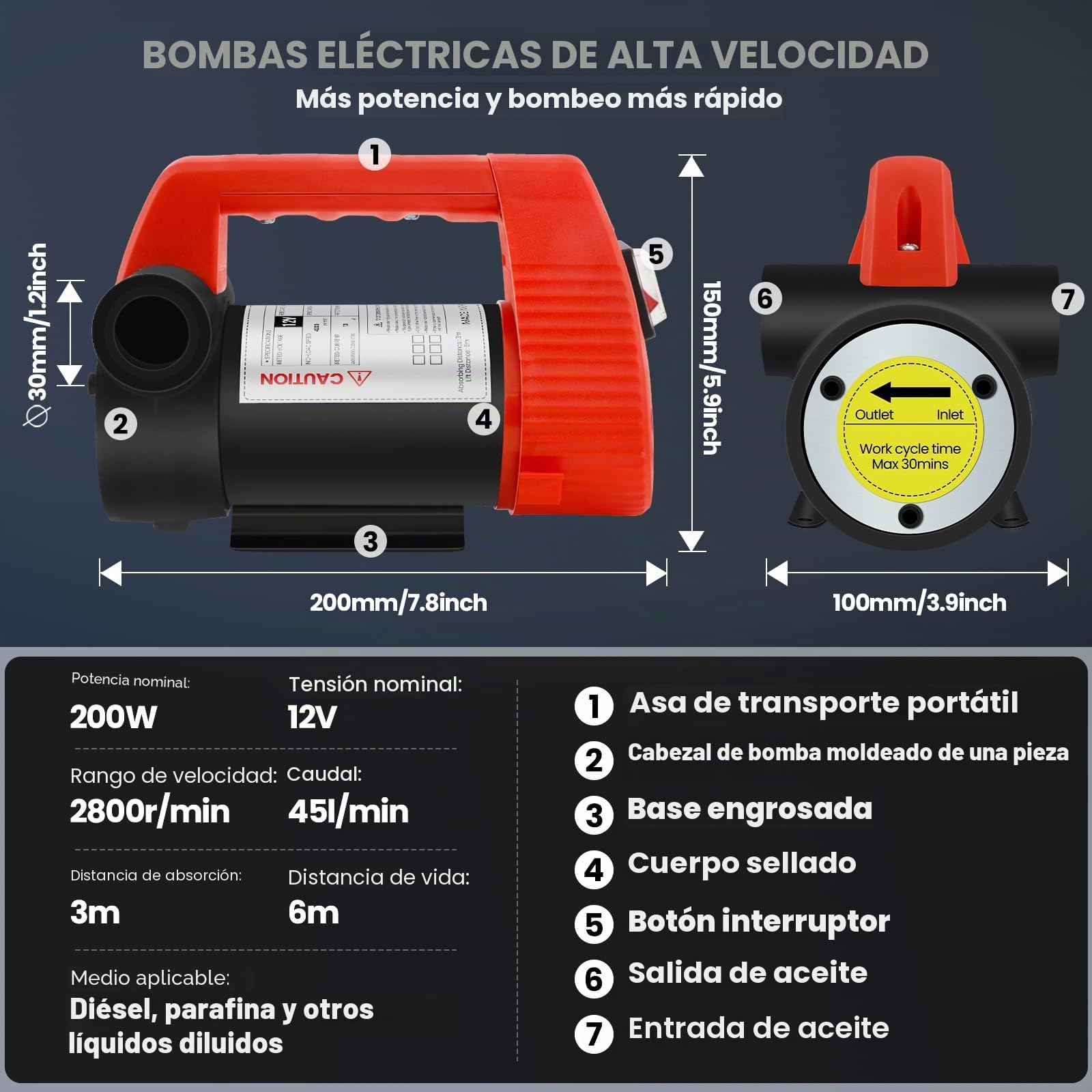 Bomba de Transferencia de Diesel 12V 200W Bomba de Transferencia de Combustible con Boquilla de Auto Apagado y Mangueras, Kit de Combustible Autocebante