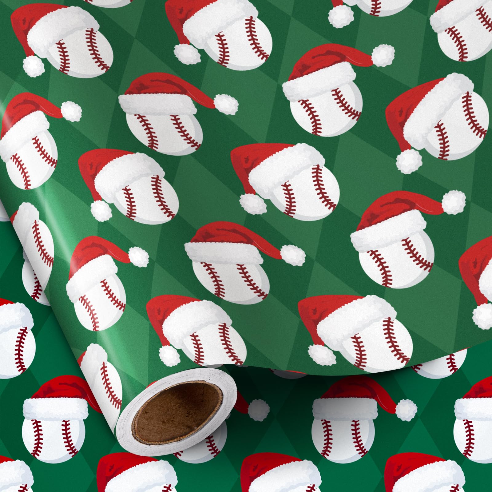 RUSPEPA Christmas Baseball Wrapping Paper Roll for Boys, Mini Roll, Baseball with Santa Hat Design, Green Sports Gift Wrap for Fans Holiday Party, Sports Theme, 43.2cm x 5m
