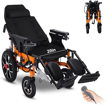 20-Inch Seat Reclining Electric Wheelchairs for Adults Foldable Motorized Wheelchair Reclining Wheelchair for Seniors, Portable All-Terrain Power Wheelchair, Airline Approved-Support 330LBS Orange