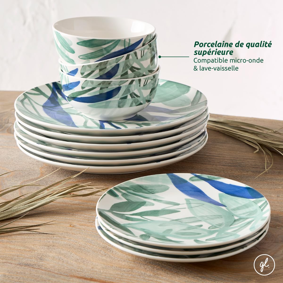 Geneviève Lethu 545868 Service de Table en Porcelaine 18 pièces pour 6 personnes - Assiettes plates, assiettes à dessert, bols - Décor Floral bleu, blanc, vert collection Kalamata