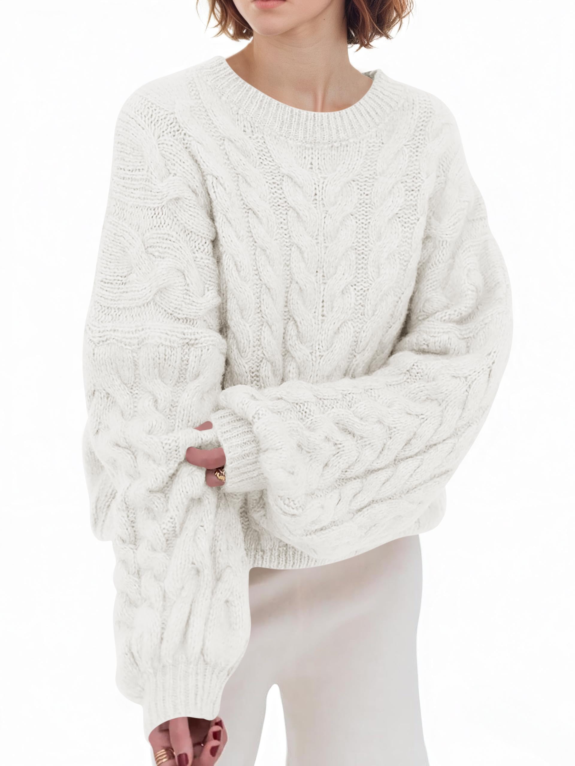 Saodimallsu Pullover Damen Oversized Rundhals Strickpullover Langarm Zopfmuster Grobstrick Pulli Tops Einfarbig Casual Winter Oberteile