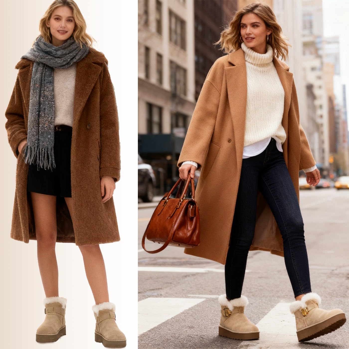 Hsyooes Womens Snow Boots Genuine Suede Leather Mini Boots Anti-Slip Outdoor Winter Ankle Booties Water Resistant Warm Faux Fur Lining,Apricot,40