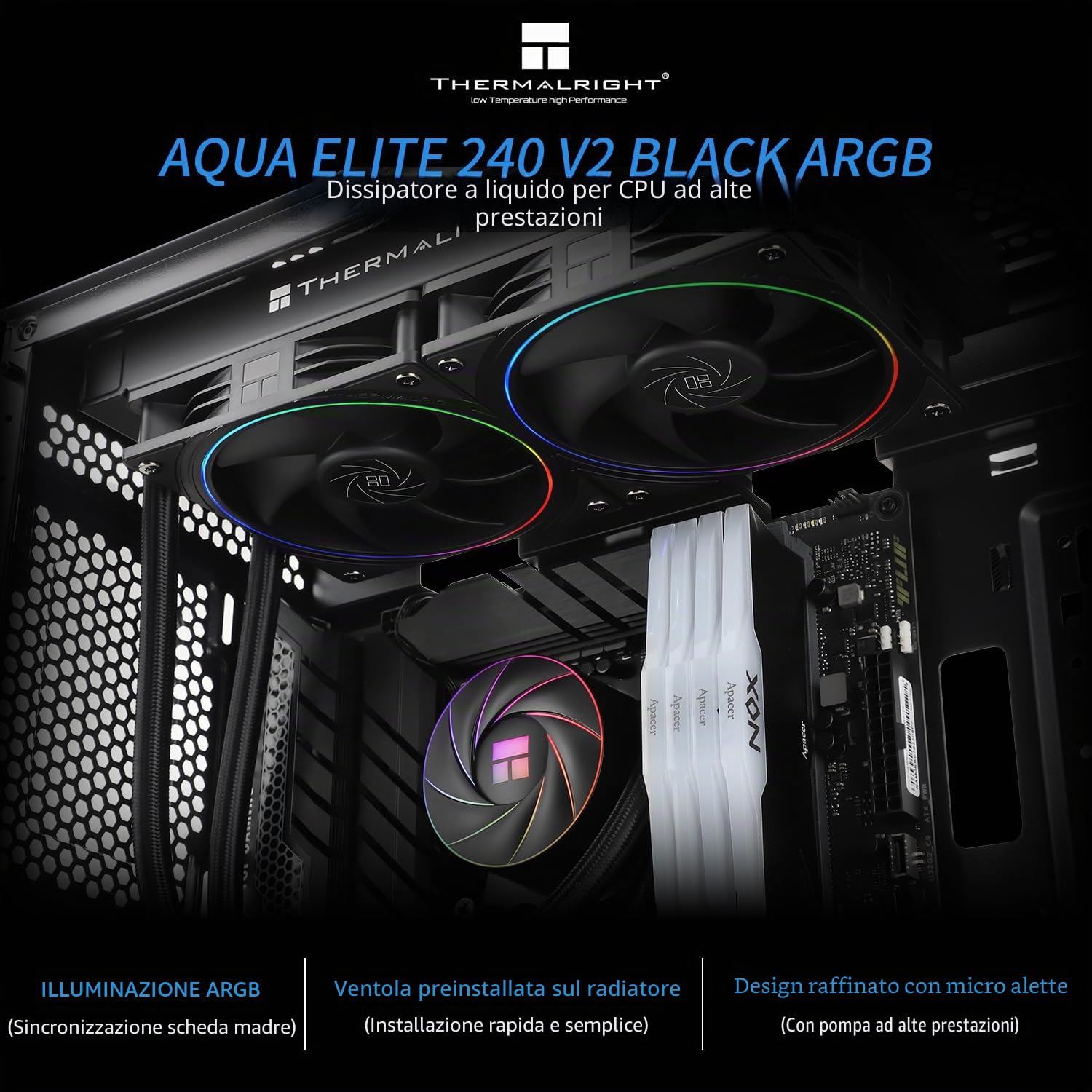 Thermalright Aqua Elite 240 ARGB V2-Raffreddatore d'acqua per CPU 240 Aio, ventola PWM 2 x 120mm, effetto apertura fine, per AM4/AM5, Intel LGA1150/1151/1200/1851/1700