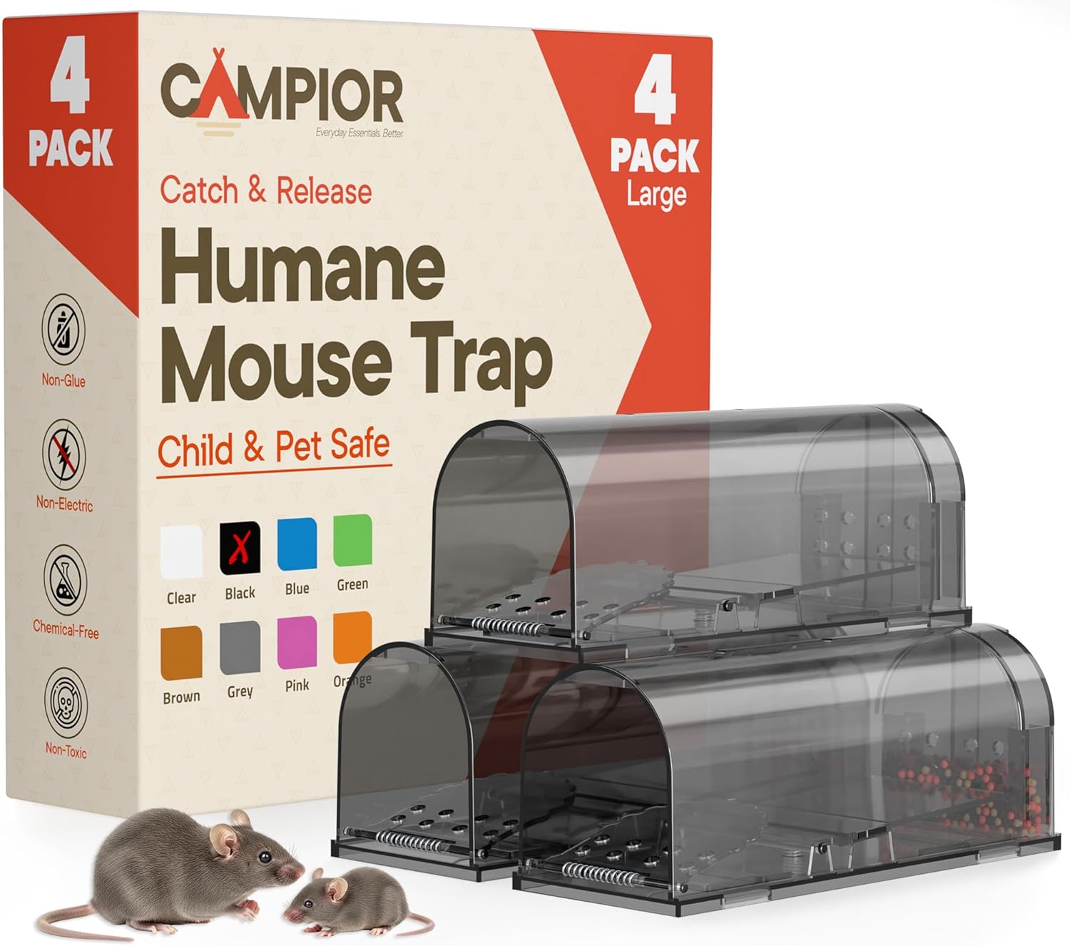 Campior Humane Mouse Trap Pack of 4, Live Mouse Traps Catch and Release for Indoors & Outdoors, Pet & Child Safe, 7.87" Reusable Plastic Mouse Cage with Spring Door, Cleaning Brush Included, Black