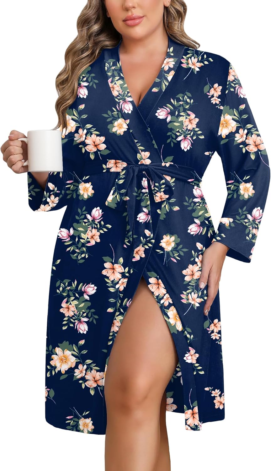 Ekouaer Women Plus Size Robe Knee Length Lightweight Bathrobe Short Kimono Robes with Pockets Maternity Robe 1X-5X