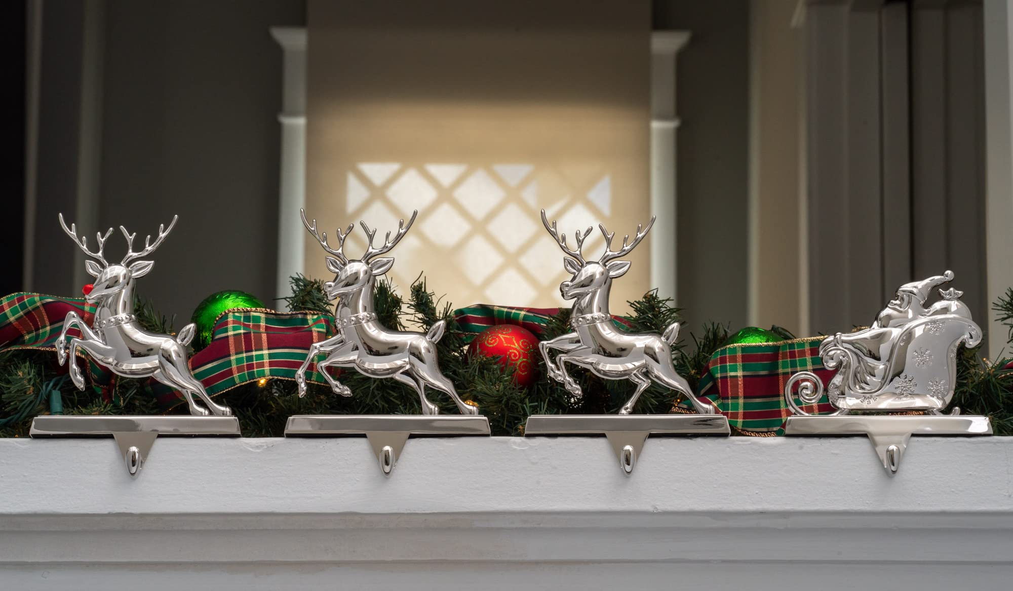 K9King Christmas Stocking Holder Set of 4 - Santa’s Sleigh Rudolph The Red Nose Reindeer Christmas Decorations Decorative Metal Hanger for Stockings Holiday Mantle Decor