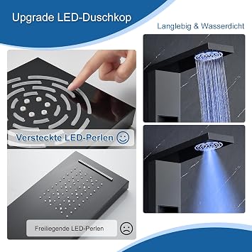 Tower Shower Panel with Mixer and Shelf, 5-Mode Shower Column LED Rain & Mist Shower, 4 Wide Angle Adjustable Massage Jets, Handset and Waterfall Bath Spout, Stainless Steel Black