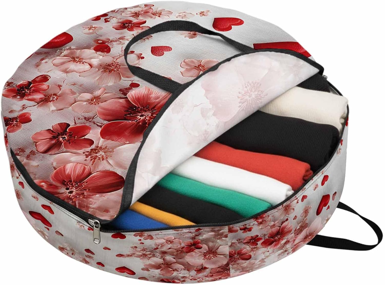 Valentine's Day Round Storage Bag 36 Inch, Romantic Red Pink Love Heart Sweet White Floral Clothes Storage Container with Handles Heavy Duty Organizer for Comforter, Bedding & Holiday Wreaths