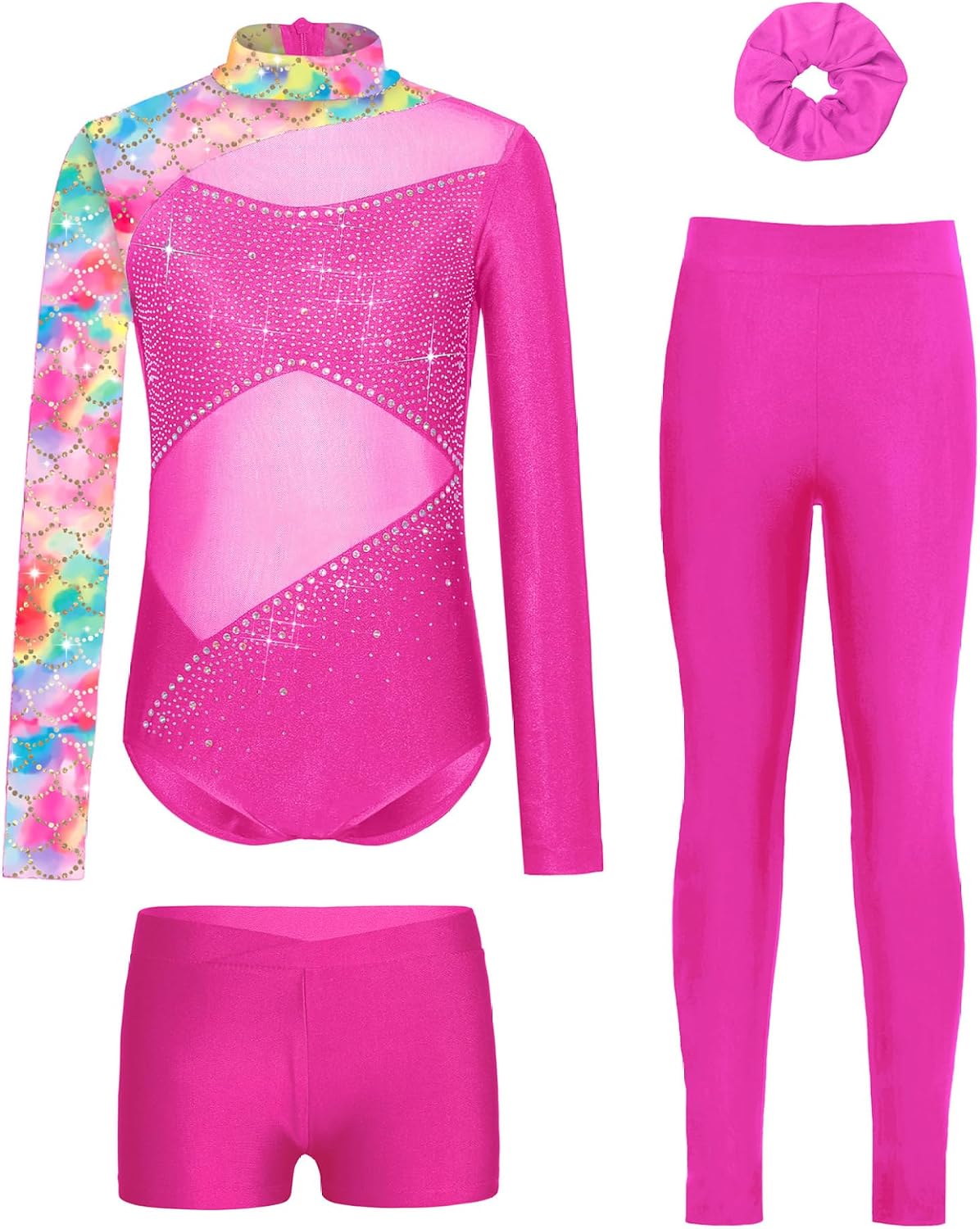 Kids Girls 4 Pcs Gymnastics Outfit Set Leotard with Shorts Rhinestones Bodysuit Long Pants and Hair Tie