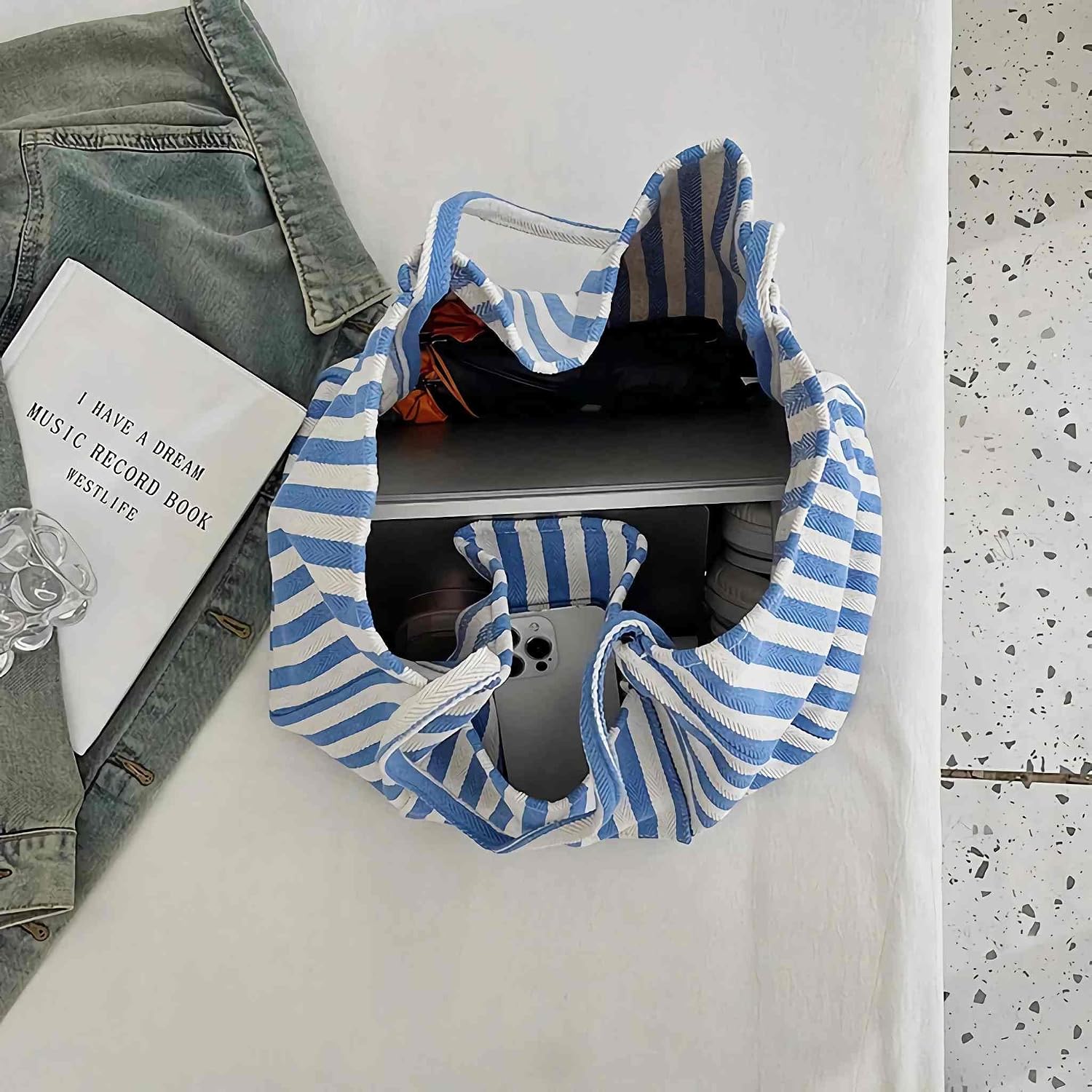 canvas tote bag for women, beach striped medium size shoulder bag with pocket, college everyday casual tote bag for work