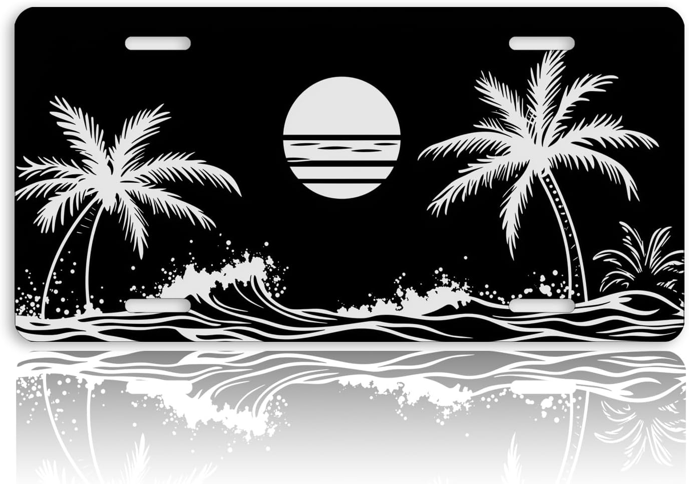 Tropical Beach Front License Plate for Women Palm Tree Ocean Sunset Coastal Car Vanity Plates Decorative Aluminum Metal Cute Novelty License Plate 6x12 Inch (4 Holes)
