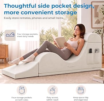 Mjkone Corduroy Yoga Chaise for Adult, Chaise Lounge Chair Indoor with Side Pockets, Headrest, Waist Cushion, Movable Footrest, Curved Yoga Sofa for Relaxation Stretching for Bedroom, Biege