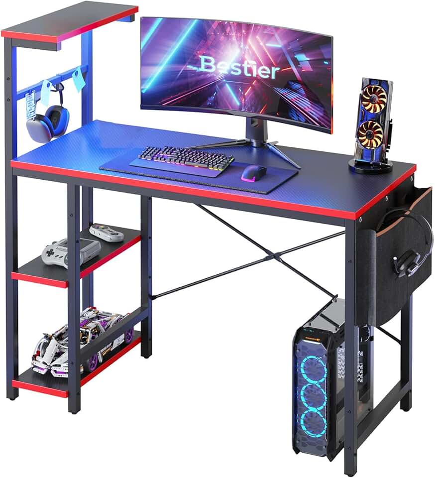 Bestier Gaming Desk with LED Lights, 44 Inch PC Gamer Desk for Small Spaces, Computer Desk with Reversible Storage Shelves &amp; Side Storage Bag (Black 3D Carbon Fiber)