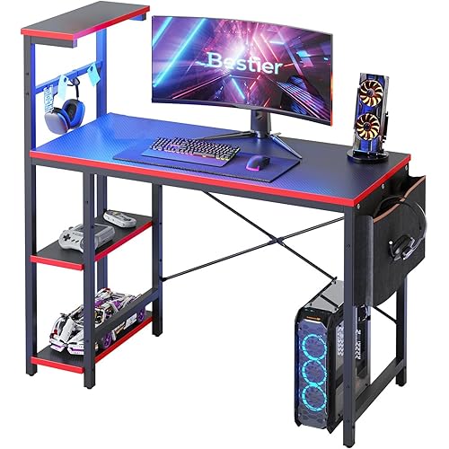 Bestier Gaming Desk with LED Lights, 44 Inch PC Gamer Desk for Small Spaces, Computer Desk with Reversible Storage Shelves & Side Storage Bag (Black 3D Carbon Fiber)