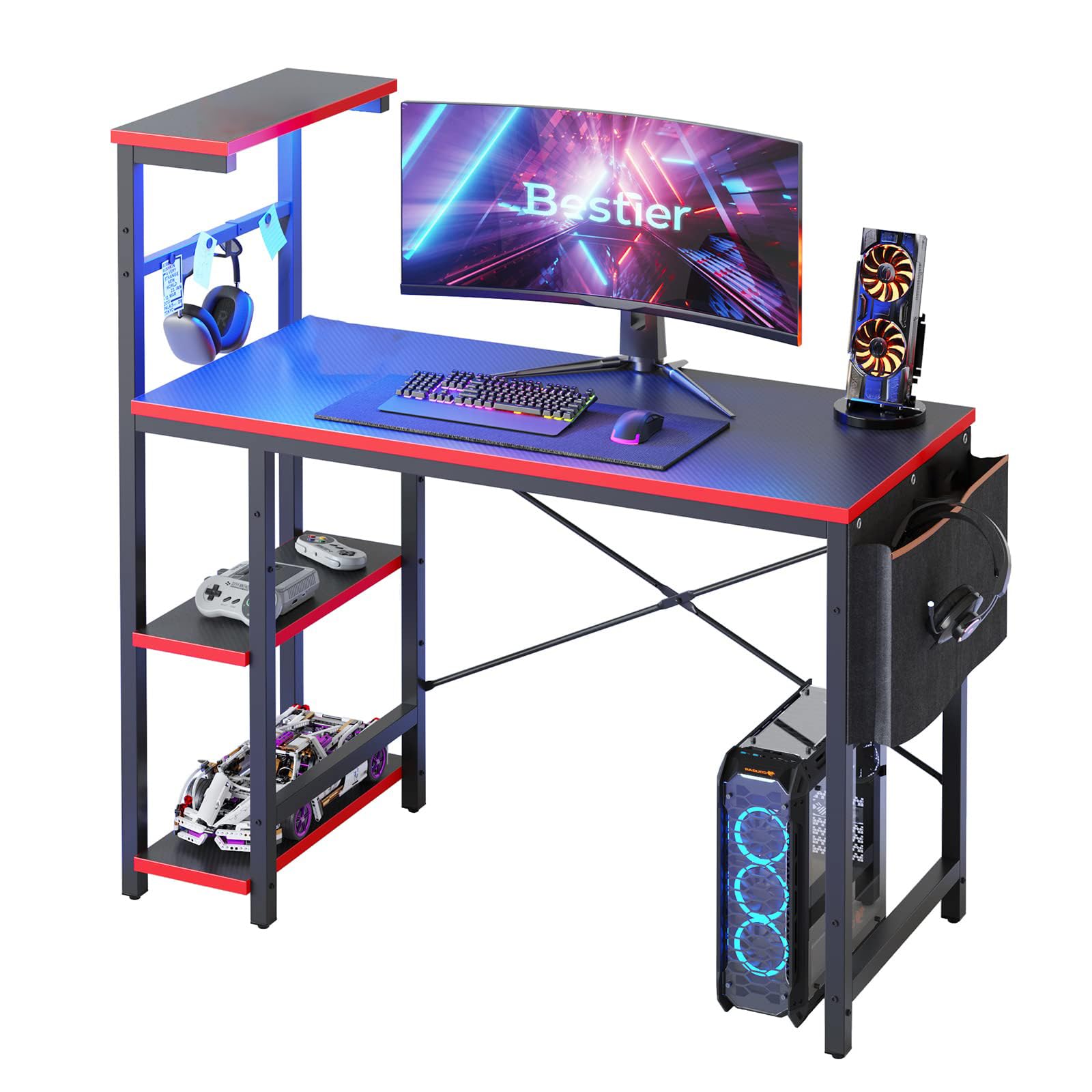 Bestier Gaming Desk, Gaming Table with LED Lights, 44 Inch PC Gamer Desk, Computer Table for Small Spaces, with Reversible Storage Shelves & Side Storage Bag (Black 3D Carbon Fiber)