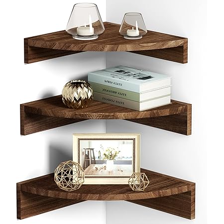 Alsonerbay Corner Floating Shelves, Wall Mounted Rounded Wood Shelf Set of 3, Rustic Storage Shelving for Bedroom, Kitchen, Living Room, Nursery and Office (Dark Brown)