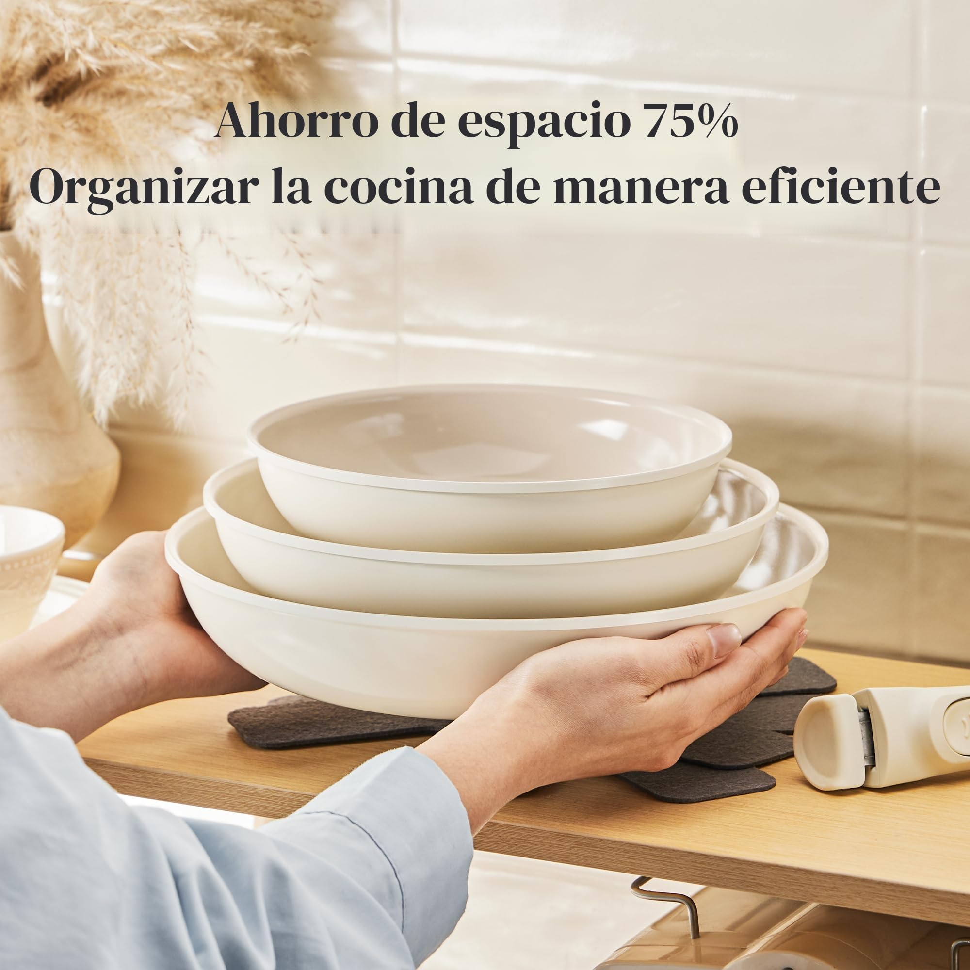 Redchef Juego de Ollas 6 Piezas sartenes Cerámicas, Sartén Cerámica con Granito Antiadherente, Apta para Inducción 20, 24, 28 cm, Ahorra Espacio, Sin Ptfe & Pfoa & Pfas, Horno y Lavavajillas, Beige
