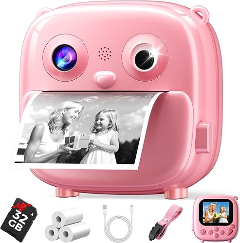 Kids Instant Print Camera- Christmas Birthday Gifts for Age 3-12 Girls Boys- Selfie Digital Camera with 32GB SD Card- Toddlers Portable Travel Toy for 3 4 5 6 7 8 9 10 Year Old Girls Boys-Pink