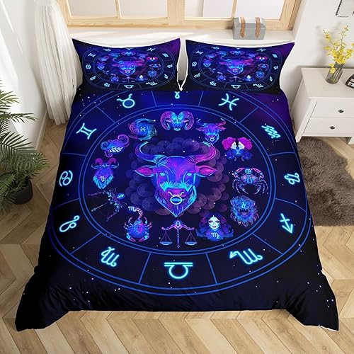 Miniatura 14 de Piscis - Juego de funda de edredón tamaño Queen con patrón de constelación 3D, funda de edredón de galaxia morada para niños, jóvenes, niñas, Multi