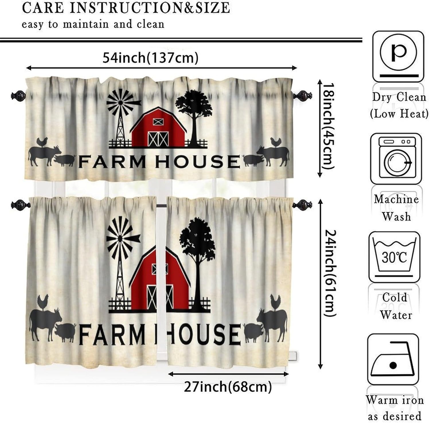 Rustic Kitchen Window Valance Curtains Vintage Farmhouse Animal Cow Pig Chicken Pattern Short Curtain for Kitchen Living Room Bathroom Windows W54xL18in + W27xL24in x2 (3 Piece)