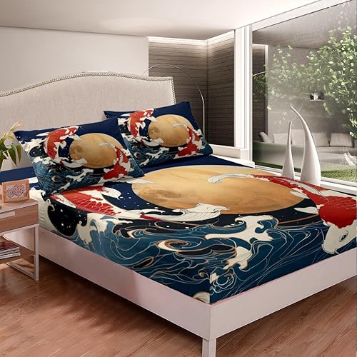 Miniatura 3 de Juego de sábanas japonesas Ukiyoe para niños, diseño oriental de olas oceánicas con bolsillo profundo, sábana bajera ajustable para niños y niñas,