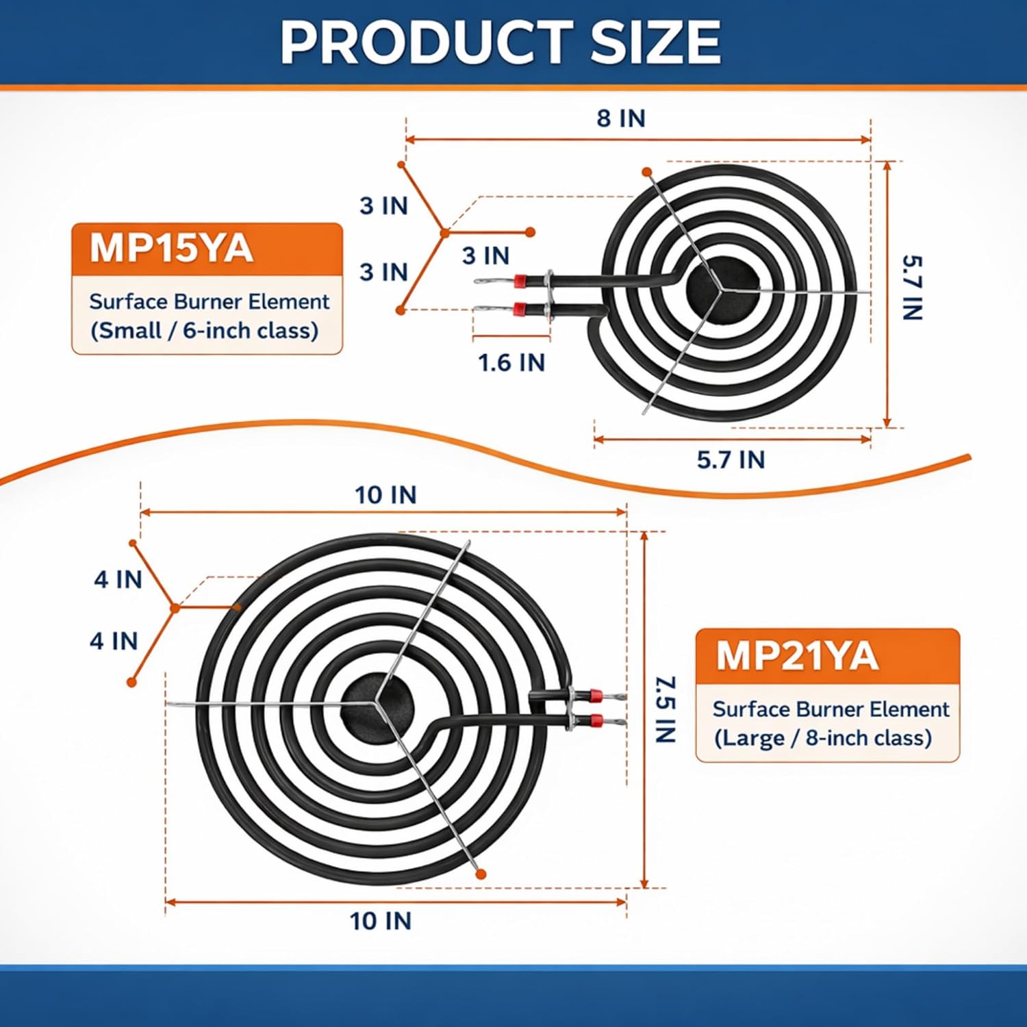 4 Pack MP22YA Electric Range Burner Element Set, 2 x 6" MP15YA and 2 x 8" MP21YA, Compatible with Hardwick, Kenmore, Maytag, Norge, and Whirlpool Electric Ranges