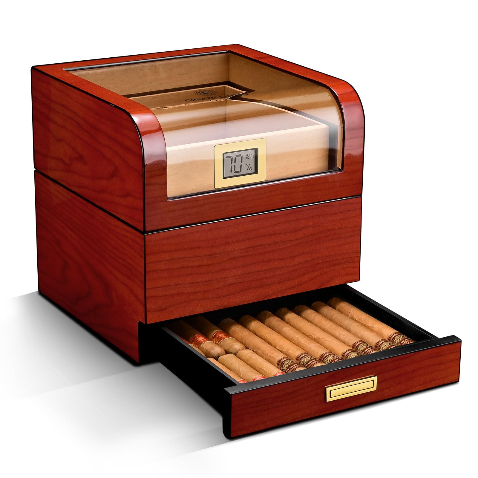 CIGARLOONG Cigar Humidor Cedar Wood Large Partitioned Storage for 100 Cigars with Drawer,Digital Hygrometer,Humidifier Glass Top Humidor(Red)