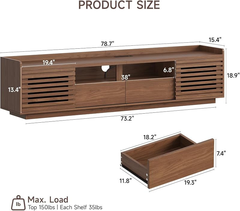 ONBRILL 78.7"TV Stand for TV Up to 85",Mid-Century Modern TV Console Walnut image 2