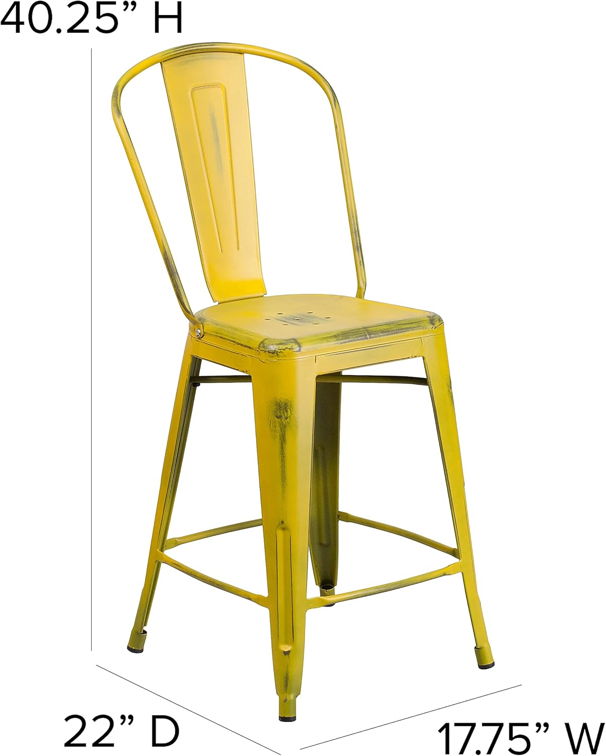 Flash Furniture Blake Commercial Grade 4 Pack 24" High Distressed Yellow Metal Indoor-Outdoor Counter Height Stool with Back